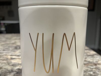 Rae Dunn Artisan Collection "YUM" White Canister with Gold Lettering by Magenta