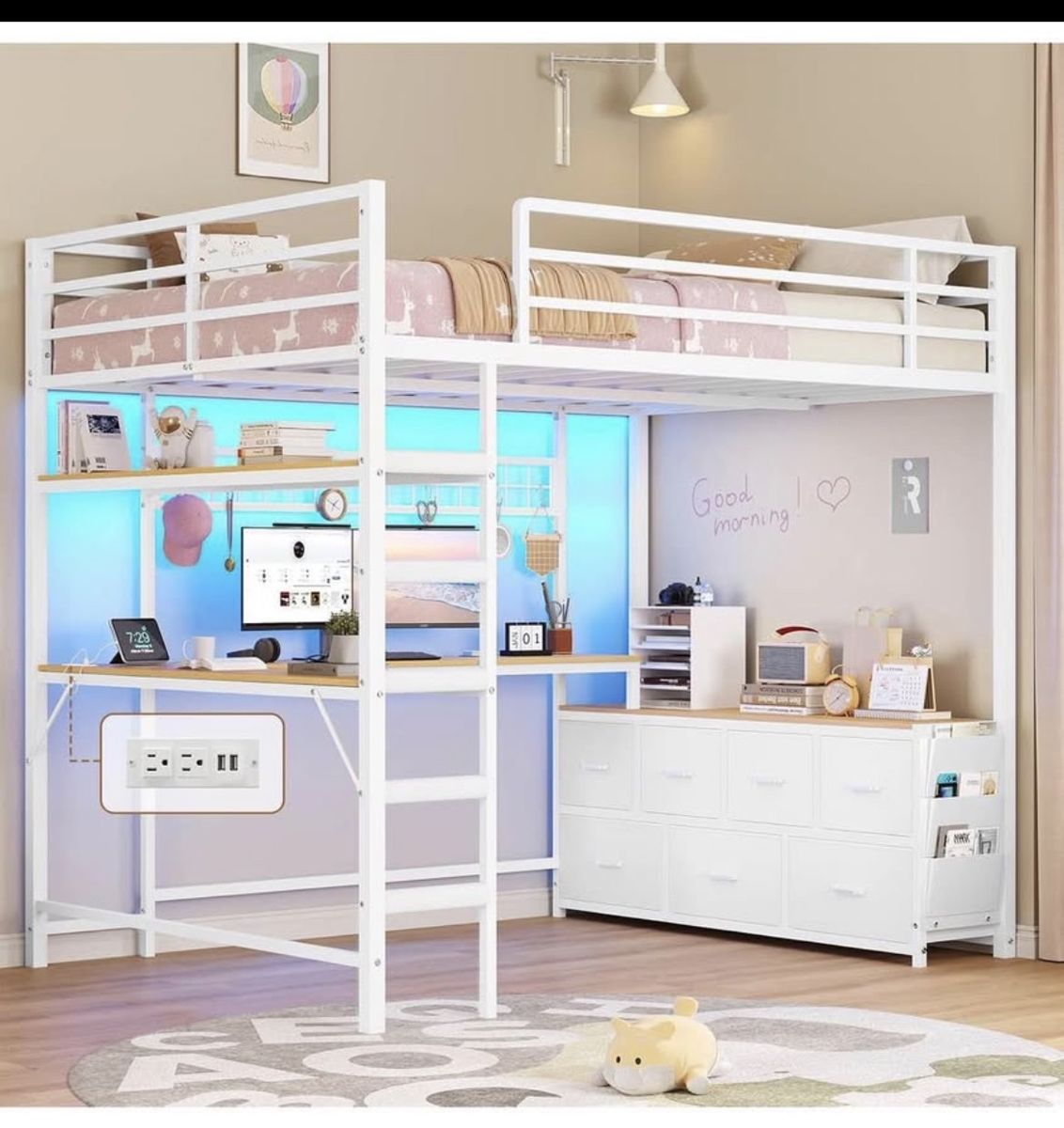 Full-Size Loft Bed with U-Shaped Desk, LED Lights, and Storage Drawers