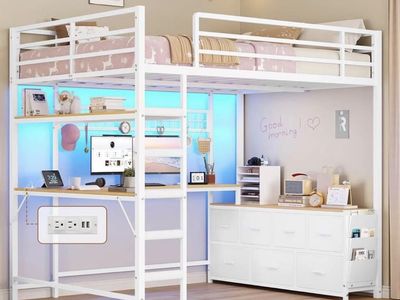 Full-Size Loft Bed with U-Shaped Desk, LED Lights, and Storage Drawers