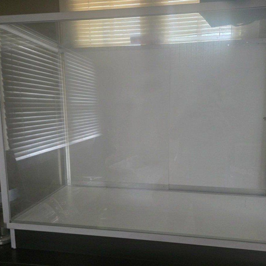 Clear Glass Display Case/Showcase with White Base, Sliding Doors - Perfect for Collectibles!