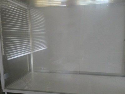 Clear Glass Display Case/Showcase with White Base, Sliding Doors - Perfect for Collectibles!