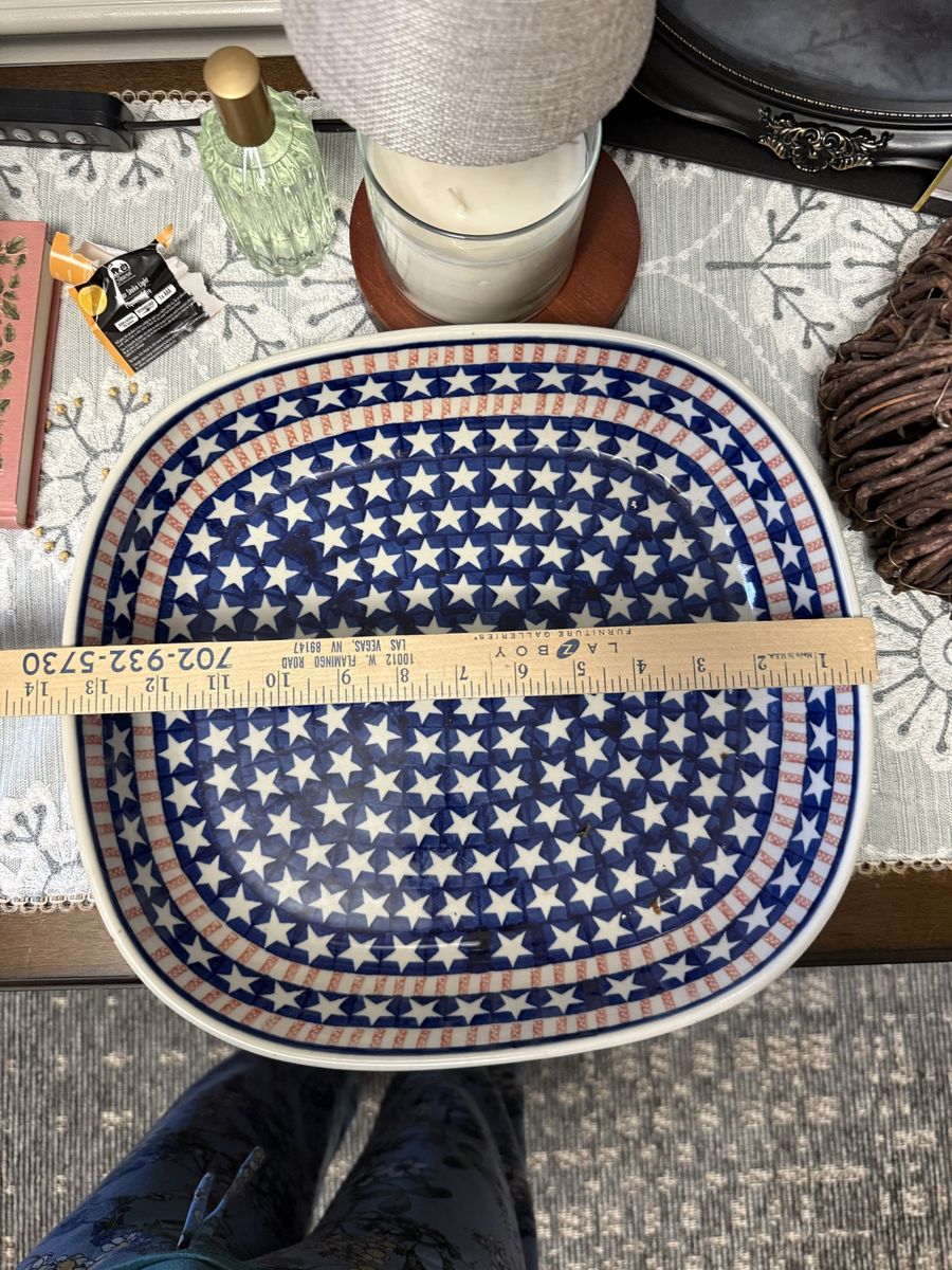 Handmade Polish Pottery Casserole Baker Dish Star & Stripe Pattern