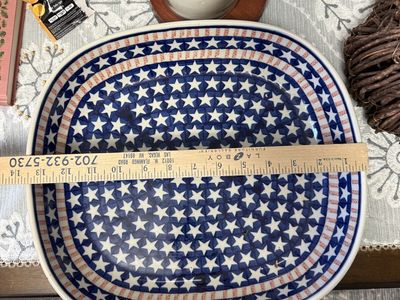 Handmade Polish Pottery Casserole Baker Dish Star & Stripe Pattern