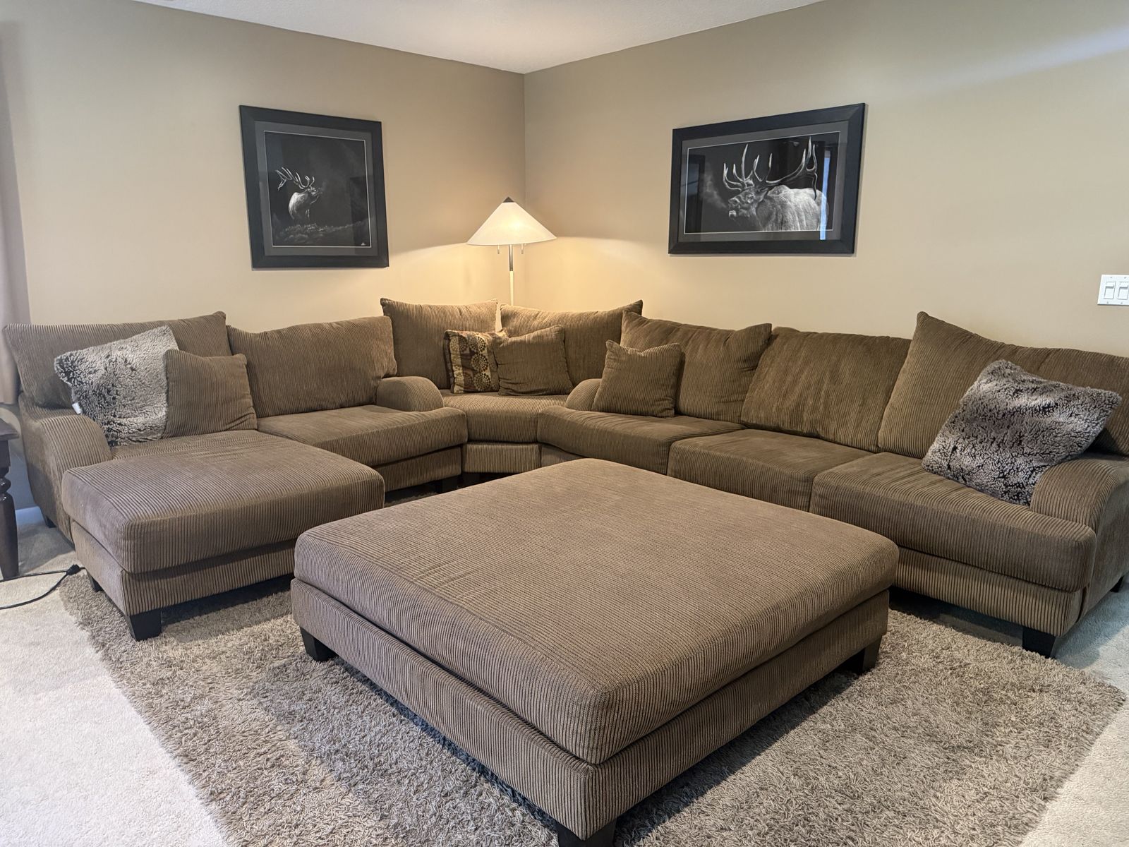 Large Brown Corduroy Sectional Sofa with Ottoman - Plush & Comfortable Living Room Set