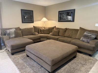 Large Brown Corduroy Sectional Sofa with Ottoman - Plush & Comfortable Living Room Set