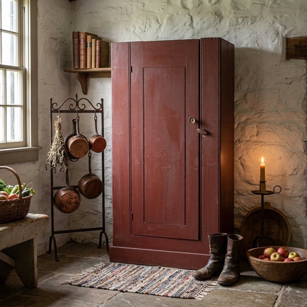 Antique Primitive Barn Red Wooden Jelly Cupboard / Chimney Cabinet | Pine Single Door Cupboard
