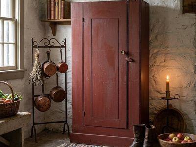 Antique Primitive Barn Red Wooden Jelly Cupboard / Chimney Cabinet | Pine Single Door Cupboard