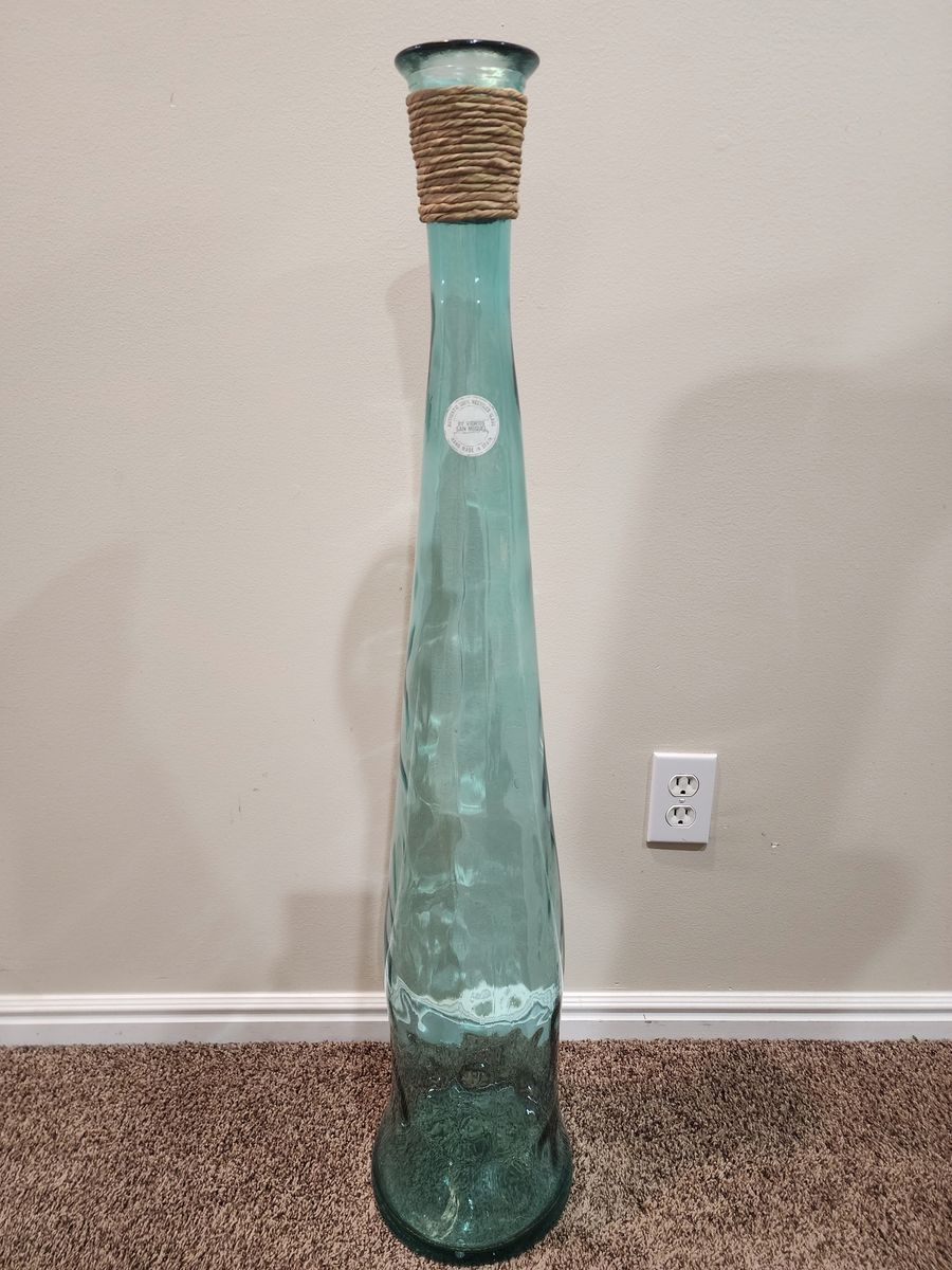 MID CENTURY MODERN VIDRIOS SAN MIGUEL TALL GREENISH BLUE FLOOR VASE HAND BLOWN LIKE VIKING STYLE