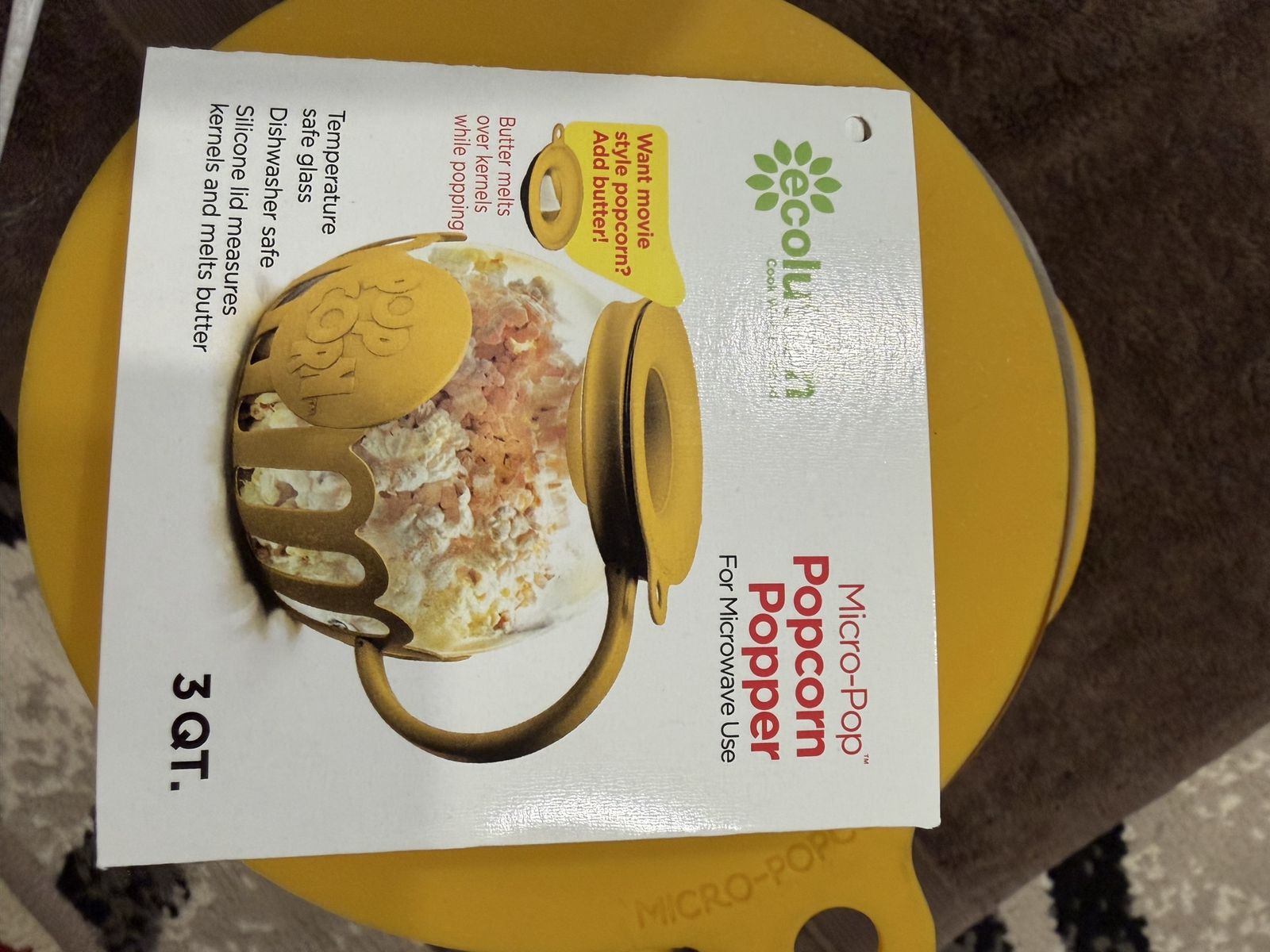 Ecolution Micro-Pop Microwave Popcorn Popper, 3 QT, Yellow Glass with Silicone Lid