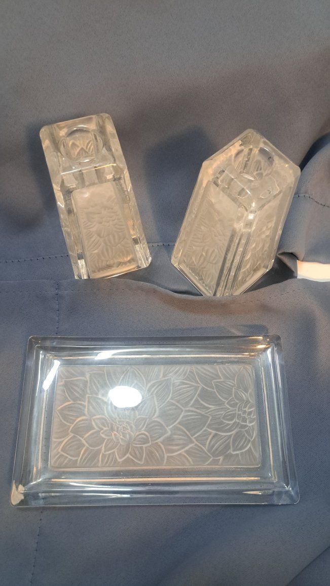 Vintage Clear and Frosted Glass Vanity Set with Floral Etched Design