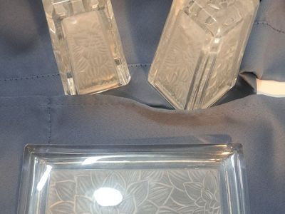 Vintage Clear and Frosted Glass Vanity Set with Floral Etched Design