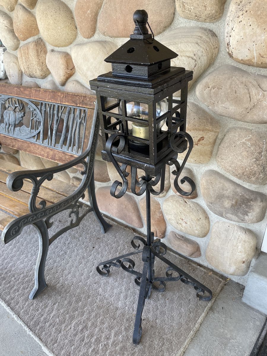 Vintage Black Wrought Iron Stand and Wooden Lantern