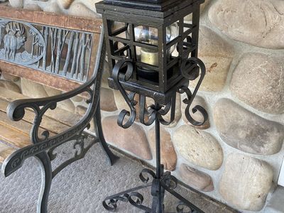 Vintage Black Wrought Iron Stand and Wooden Lantern