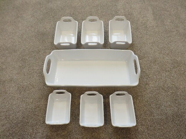BRAND NEW SET OF SEVEN RECTANGULAR PORCELAIN SERVING BOWLS - MICROWAVE, OVEN AND DISHWASHER SAFE