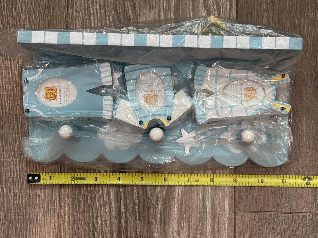 Blue & White 11” Baby Room Shelf with Photo Frames