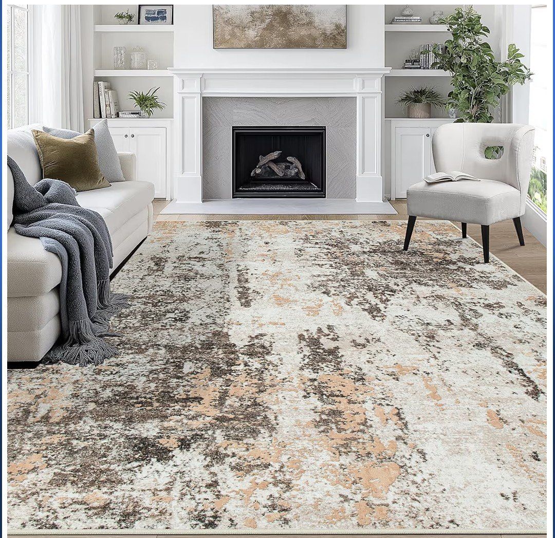 Abstract Brown & White 8' x 10' Area Rug - Modern Distressed Design