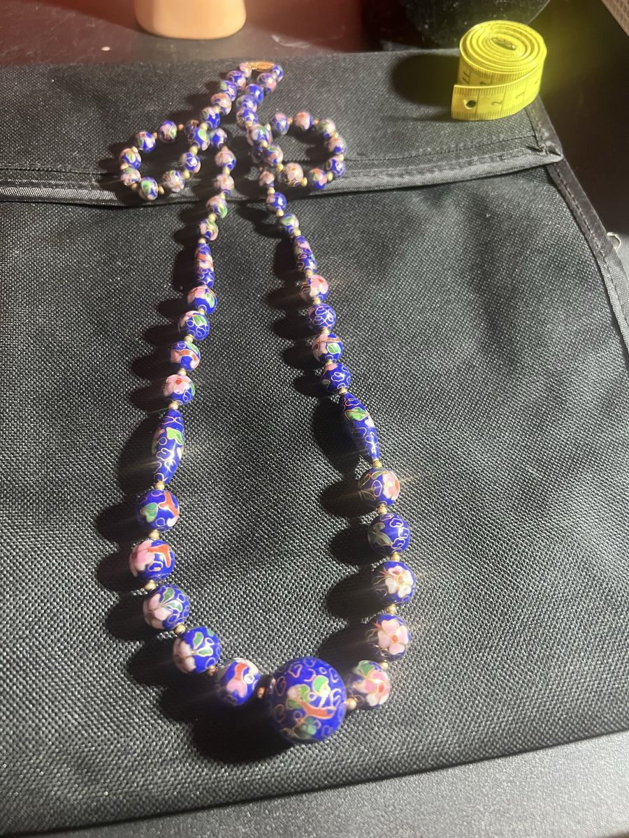 Vintage Blue & Pink Floral Cloisonne Beaded Necklace - Unique Statement Piece