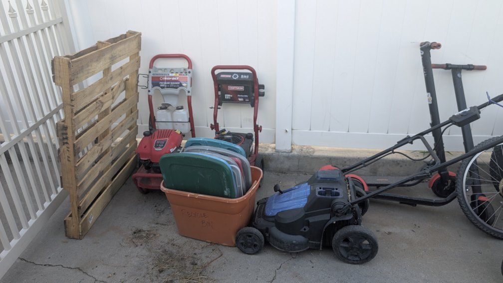 Broken pressure washers, electric bike, bike, kobalt mower, bin lids, pallet, electric scooters, hammock