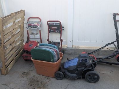 Broken pressure washers, electric bike, bike, kobalt mower, bin lids, pallet, electric scooters, hammock
