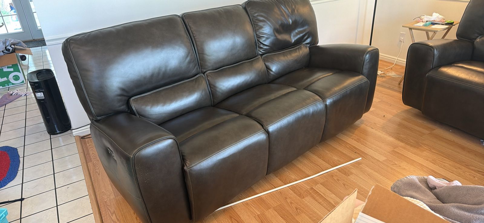 Dark Brown Leather Power Reclining Sofa and Loveseat Set