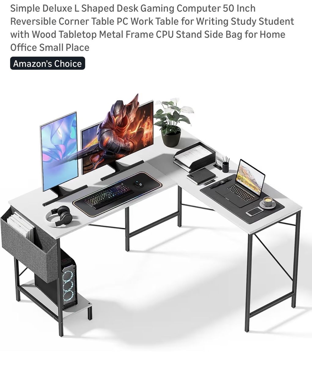 Simple Deluxe 50" L-Shaped Gaming Desk Reversible Corner PC Work Table w/ CPU Stand & Side Bag