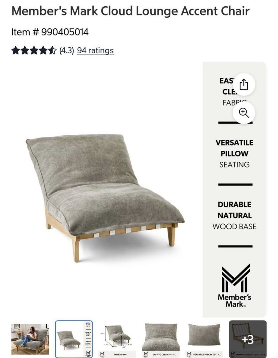 Member's Mark Cloud Lounge Accent Chair - Gray Wood Base