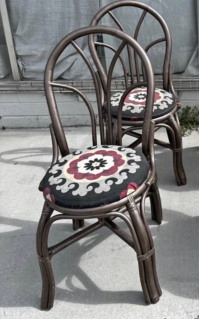 Vintage Rattan Dining Chairs - Set of 2 with Patterned Cushions