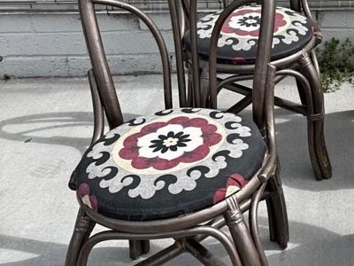 Vintage Rattan Dining Chairs - Set of 2 with Patterned Cushions