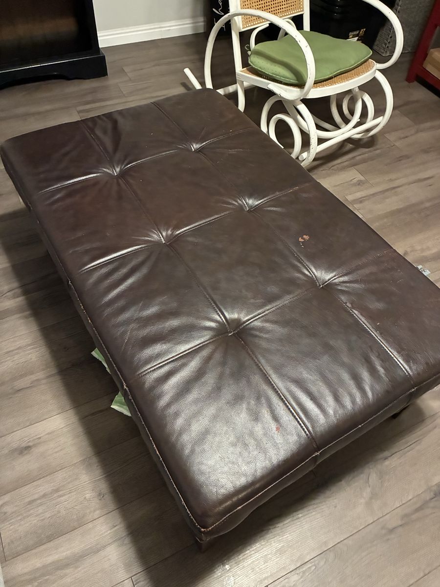 Tufted Brown Leather Ottoman Bench, Footrest Coffee Table