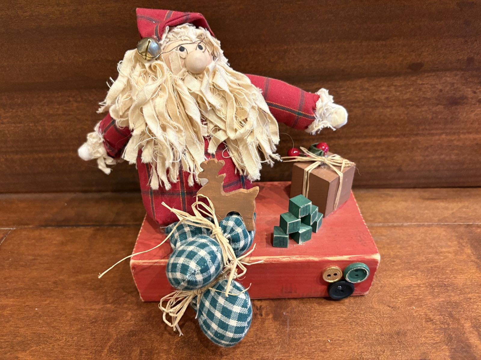 Fabric Santa Claus Sitting on Wood W/ Buttons