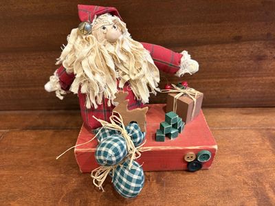 Fabric Santa Claus Sitting on Wood W/ Buttons