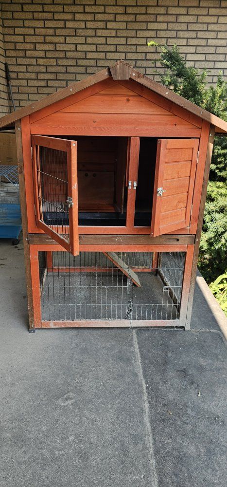 Rabbit Hutch, Blue Wire Cage, and Food Storage Bin - Used Pet Supplies