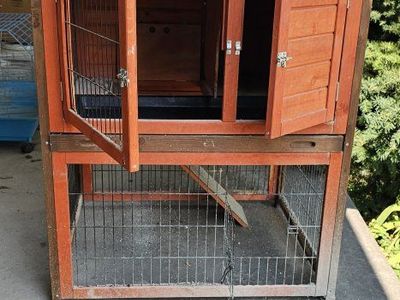 Rabbit Hutch, Blue Wire Cage, and Food Storage Bin - Used Pet Supplies