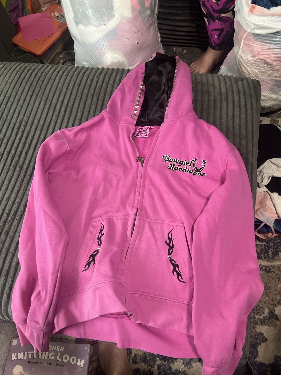 Cowgirl Hardware Pink Studded Zip-Up Hoodie Size XL Rhinestone Horse Flames