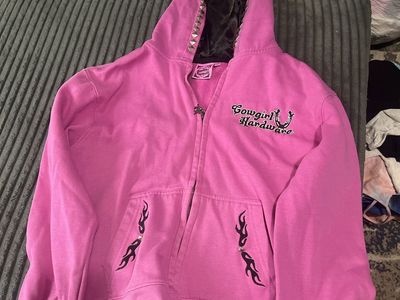 Cowgirl Hardware Pink Studded Zip-Up Hoodie Size XL Rhinestone Horse Flames