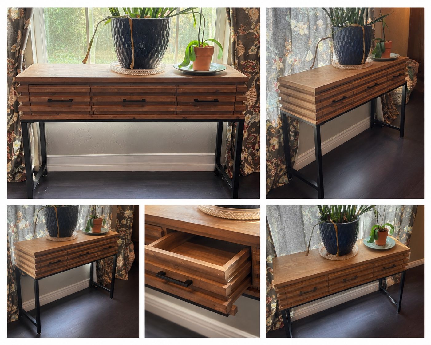 Modern Wood & Metal Console Table Entryway Desk with 3 Drawers