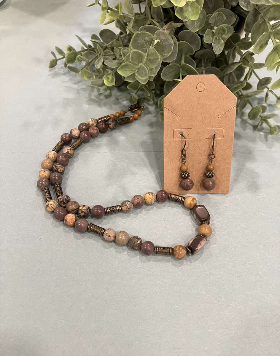 Earthy Jasper & Brass Beaded Necklace and Matching Earrings