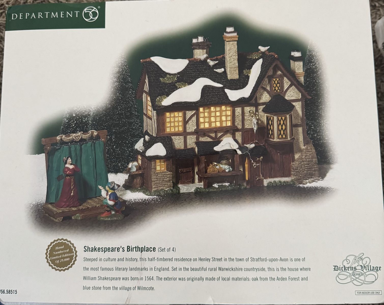 Department 56 Dickens Village Shakespeare's Birthplace Set of 4, Hand Numbered Limited Edition