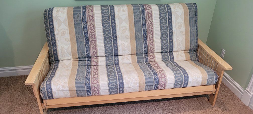 Wood Futon Frame with Patterned Cushion - Versatile Sofa Sleeper