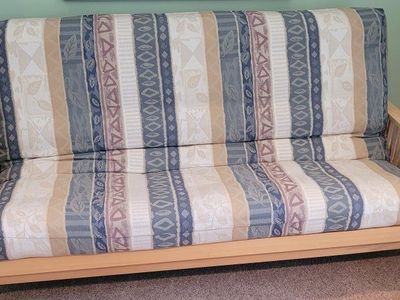 Wood Futon Frame with Patterned Cushion - Versatile Sofa Sleeper
