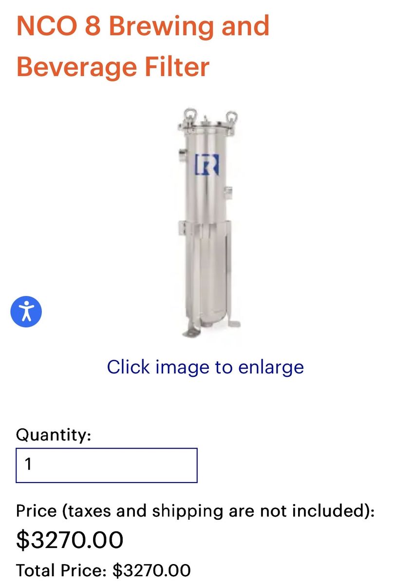 NCO 8 Brewing and Beverage Filter - Model NCO8-30-2SAN-*-150-S-B-PB - 304 Stainless Steel
