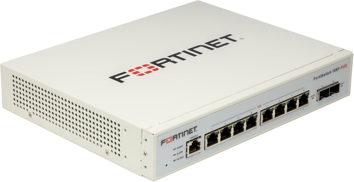 Fortinet FortiSwitch 108E-POE Layer 2 FortiGate Switch Controller Compatible PoE+ Switch - 8 x GE RJ45 Ports, 2 x GE SFP