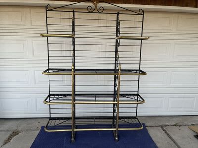Wrought iron and brass bakers rack