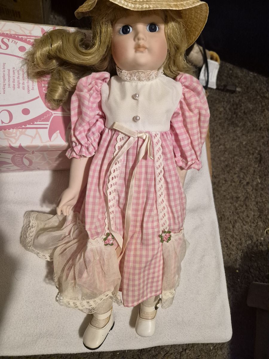 Classic Creations Porcelain Doll in Pink Gingham Dress & Straw Hat, Blonde Hair, Blue Eyes