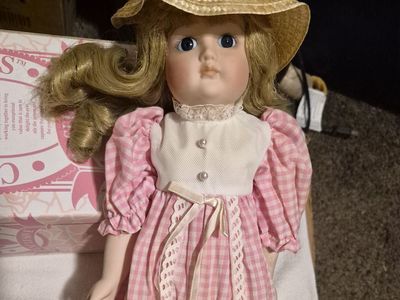Classic Creations Porcelain Doll in Pink Gingham Dress & Straw Hat, Blonde Hair, Blue Eyes