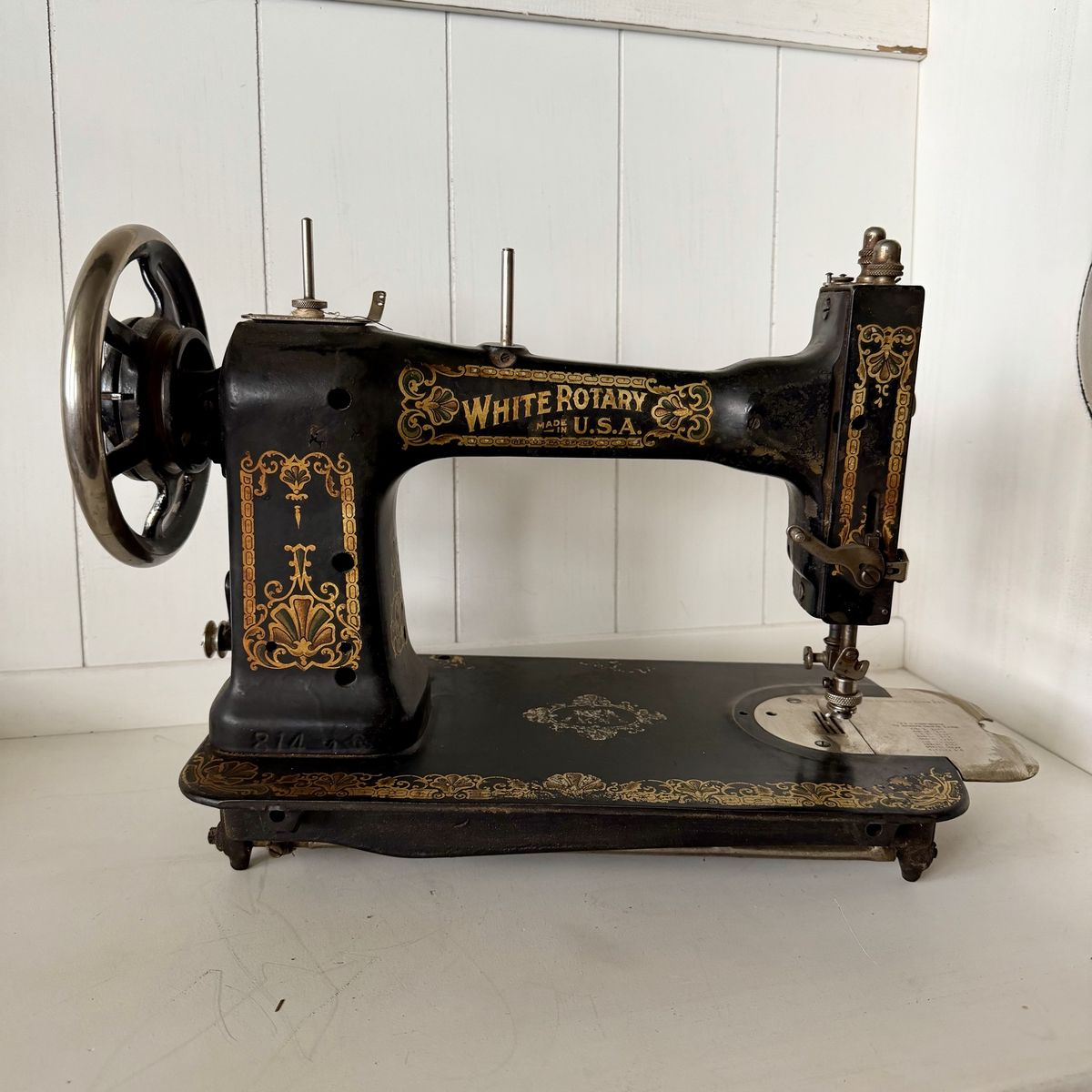 Antique White Rotary Sewing Machine – Ornate Gold Decals