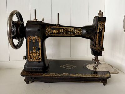 Antique White Rotary Sewing Machine – Ornate Gold Decals