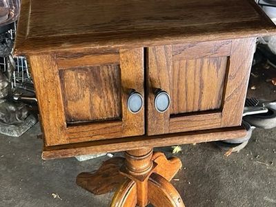 Vintage Solid Oak Pedestal Accent Table