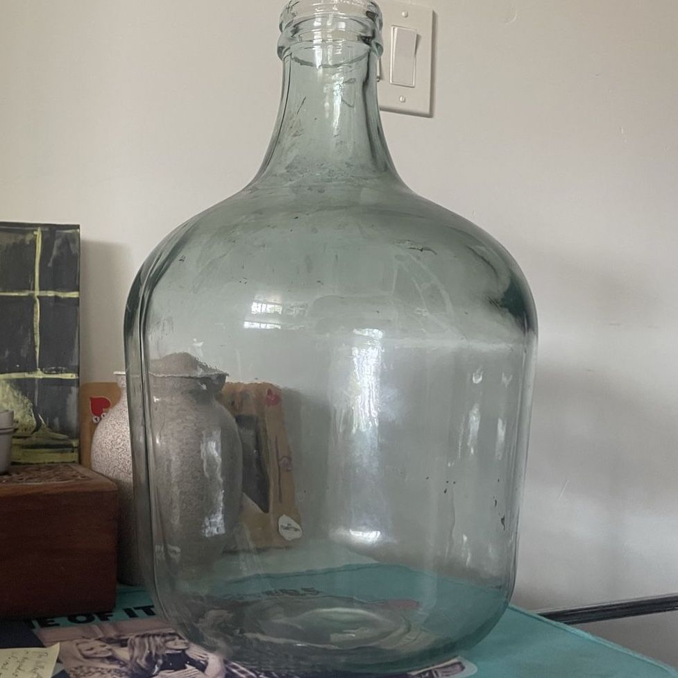Large Vintage Farmhouse Aqua Glass Carboy Demijohn Jug Bottle, 5 Gallon