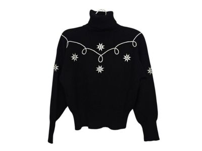 Vintage HEAD Soutache Applique Star Embroidery Ski Sweater Mock Neck Black White